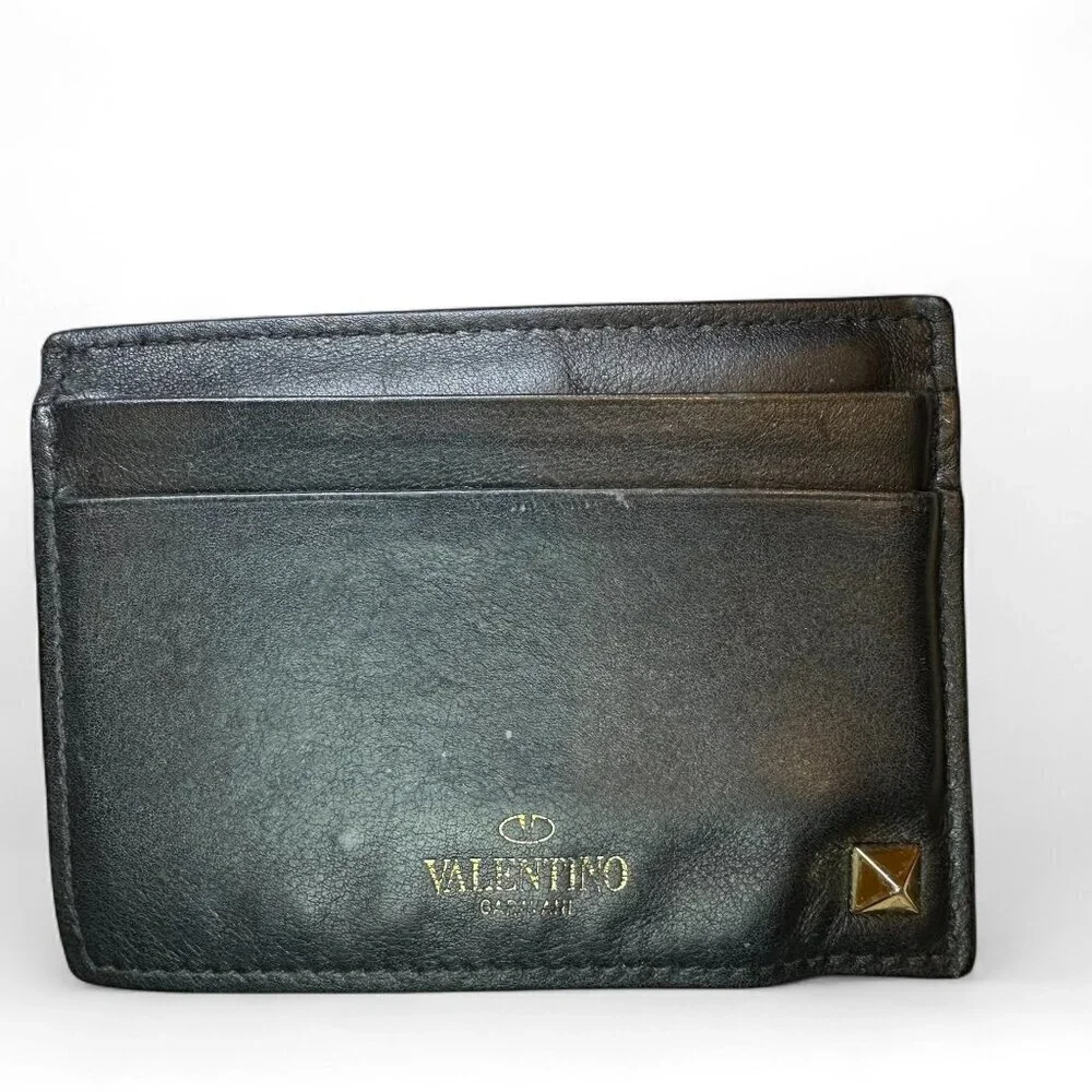 Valentino Garavani Black Rockstud Leather Card Holder Wallet w Extra Studs *USED